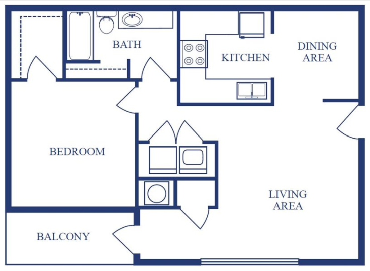 Floor plan for 1 bed, 1 bath, 812 sqft